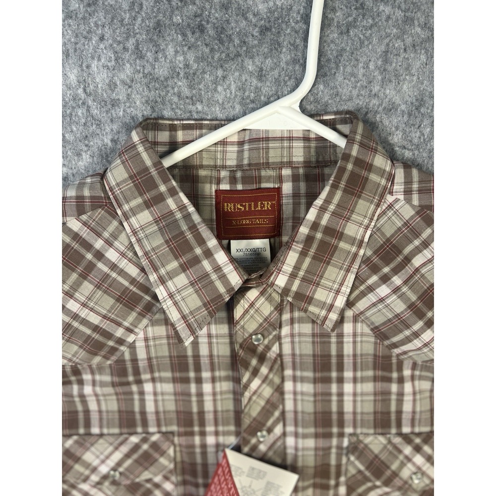 Rustler Pearl Snap Shirt‎ Men's 2XL Plaid X-Long Tail Regular Fit Cowboy NWT